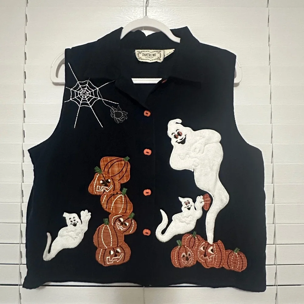 Tantrums Vintage Halloween Vest Black Corduroy Ghost Pumpkin Embroidered Large